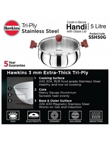 Hawkins 5 Litre Cook n Serve Handi with Glass Lid Induction Compatible Tri-Ply Stainless Steel Cookware Cooking Pot