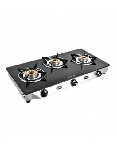 Sunflame Crown Stainless Steel Toughened Glass Top 3 Burner Gas Stove with 2 Years Made In India Manual Ignition Black