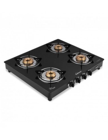 Sunflame GT Pride Glass Top 4 Brass Burner Gas Stove Manual Ignition Black