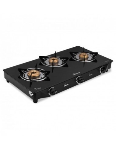 Sunflame GT Pride Glass Top 3 Brass Burner Gas Stove Manual Ignition Black