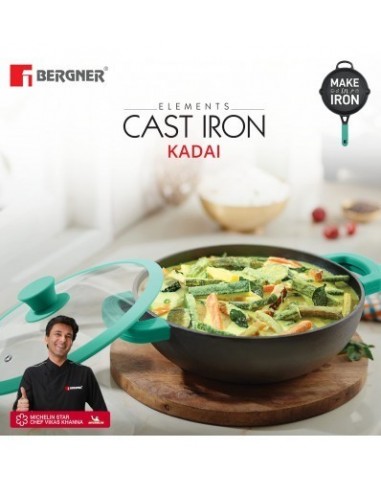 Bergner Elements Pre-Seasoned Cast Iron Kadai with Glass Lid, 23 cm 2.8 litres Induction Friendly Black