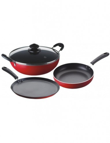Bajaj Majesty Duo Non-Stick Cookware Set, 3 Pieces, Red