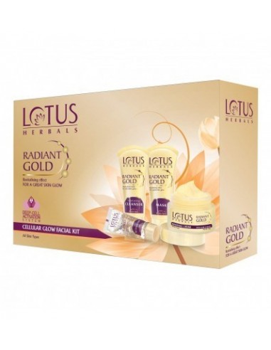 Lotus Herbals Radiant Gold Cellular Glow 5 in 1 Facial Kit With 24K Gold leaves For Skin Glow All Skin Types 170g