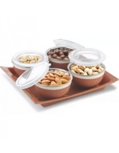JOYO DECOR NO.01  4 PCS DRY FRUIT SET WITH RAY & LID WITH INNER STEEL Bowl Tray Serving Set