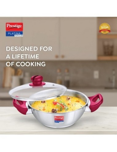 Prestige Platina Popular Stainless Steel Gas and Induction Compatible Kadai with Glass Lid 220 mm