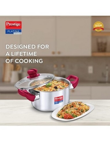 Prestige Platina Popular Stainless Steel Gas and Induction Compatible Casserole with Glass Lid 240 mm 5.5 Litre