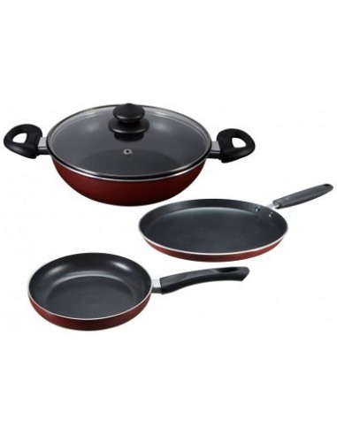 Prestige Omega Deluxe Induction Base Non-Stick Aluminium, Glass Kitchen Set 3-Pieces Red