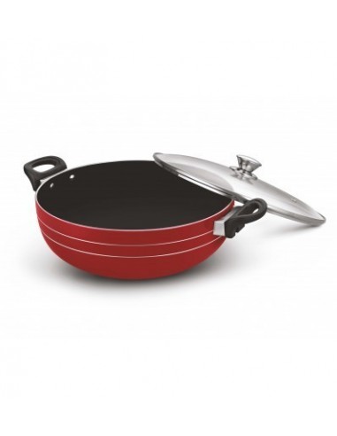 Sunblaze Premium Long Lasting Induction Base Non-Stick Cookware Kadahi with Glass Lid Red 180 MM